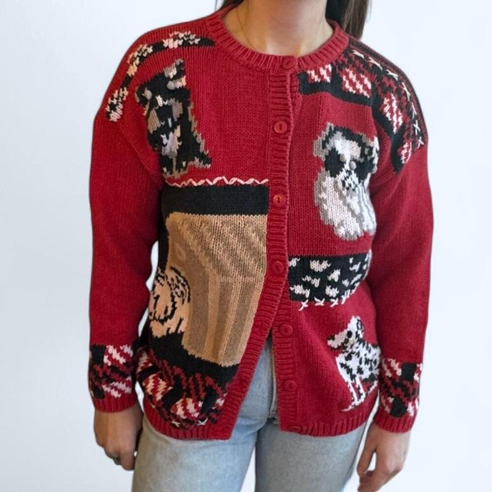 Red vintage 90s cotton blend button up dog cardigan sweater women's small